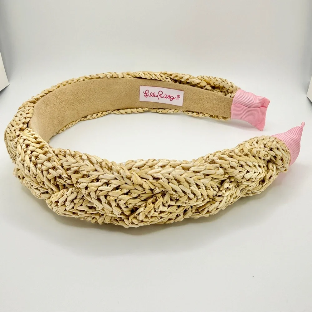 Lilly Pulitzer Braided Natural Raffia Headband with Pink Tips NEW